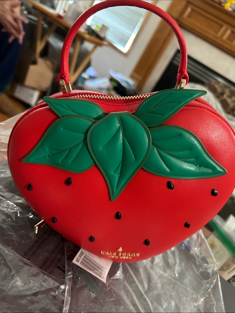 kate spade red strawberry-shaped mini top-handle bag with green leaf appliqué